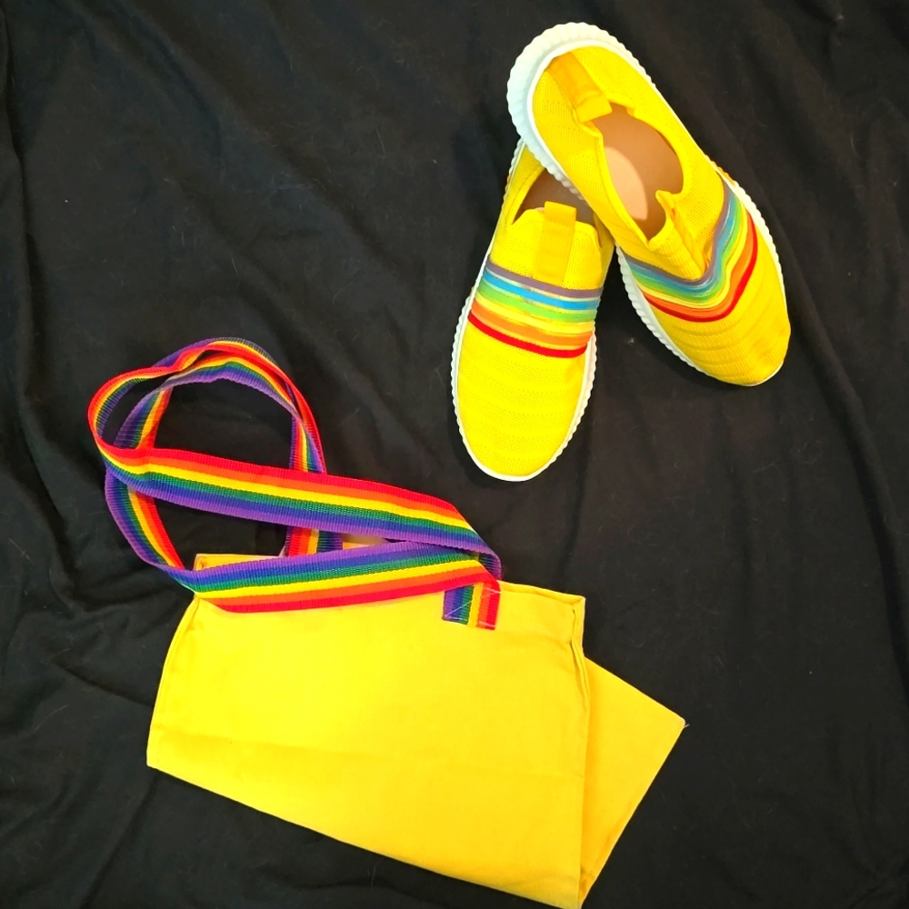 Yellow Sneakers with Rainbow Straps SZ 42 +BONUS BAG